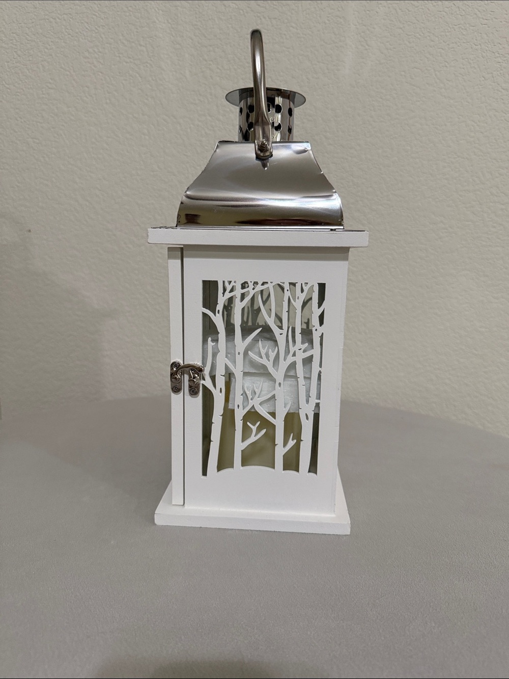 White Decorative Tree Cutout Lantern with Silver Top